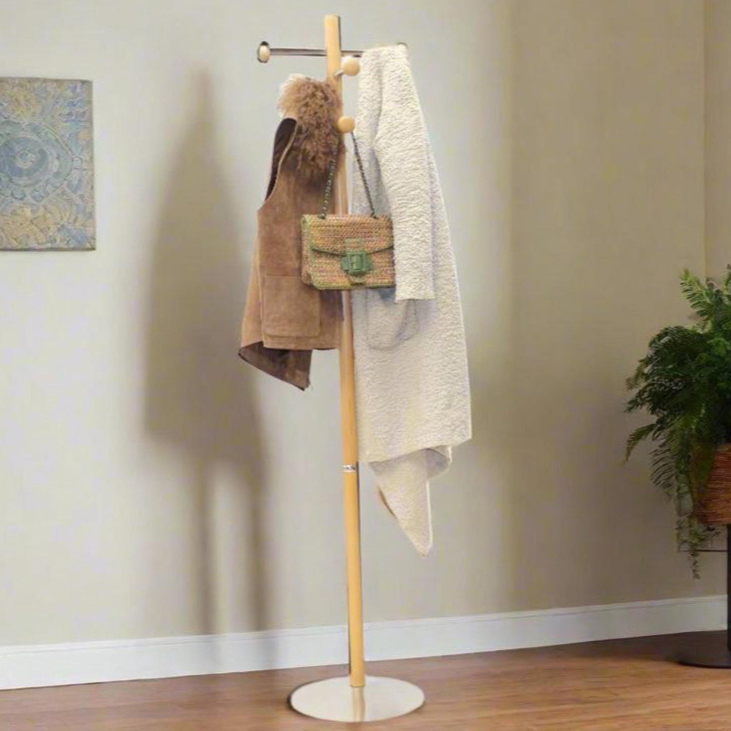 European White Beech Wood & Chrome Coat Rack