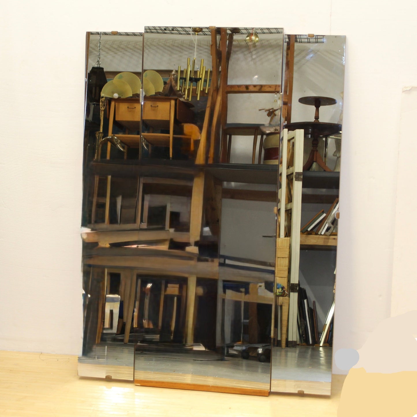 Large Vintage Wood-Backed Trifold Mirror