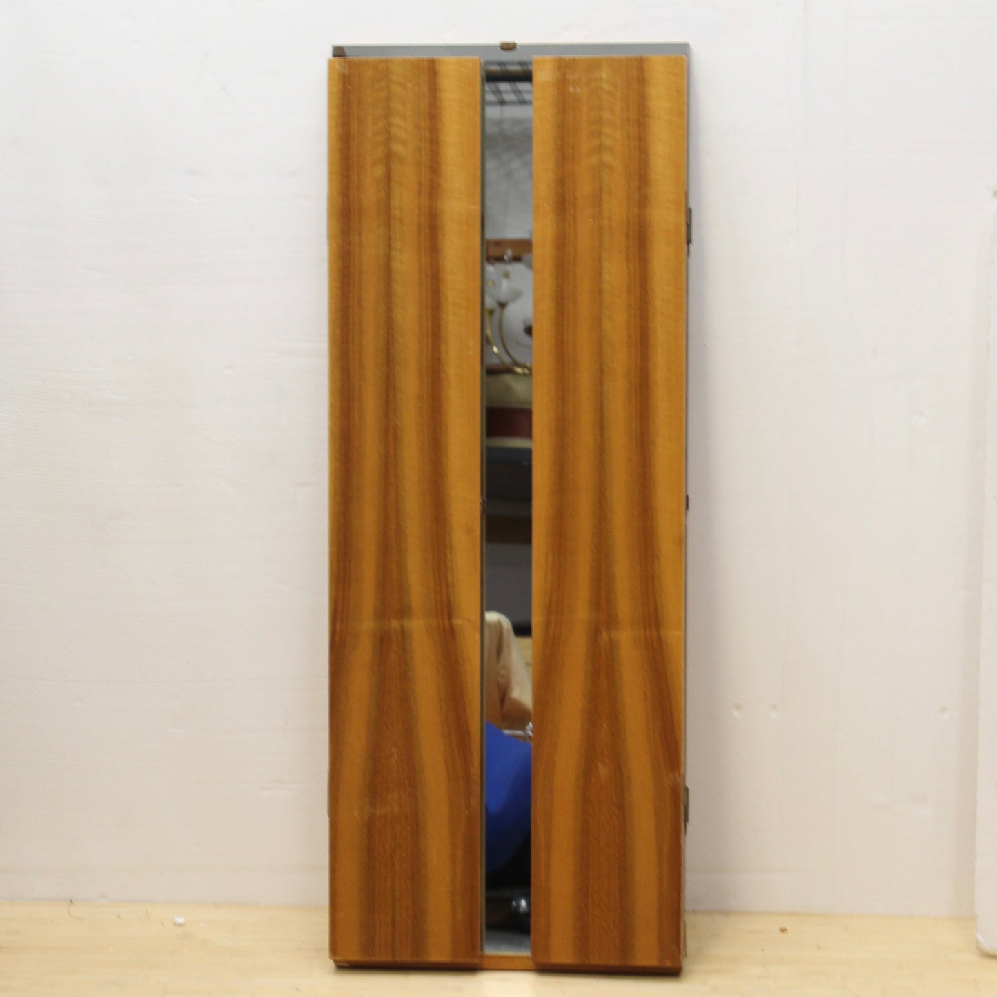 Large Vintage Wood Backed Trifold Mirror