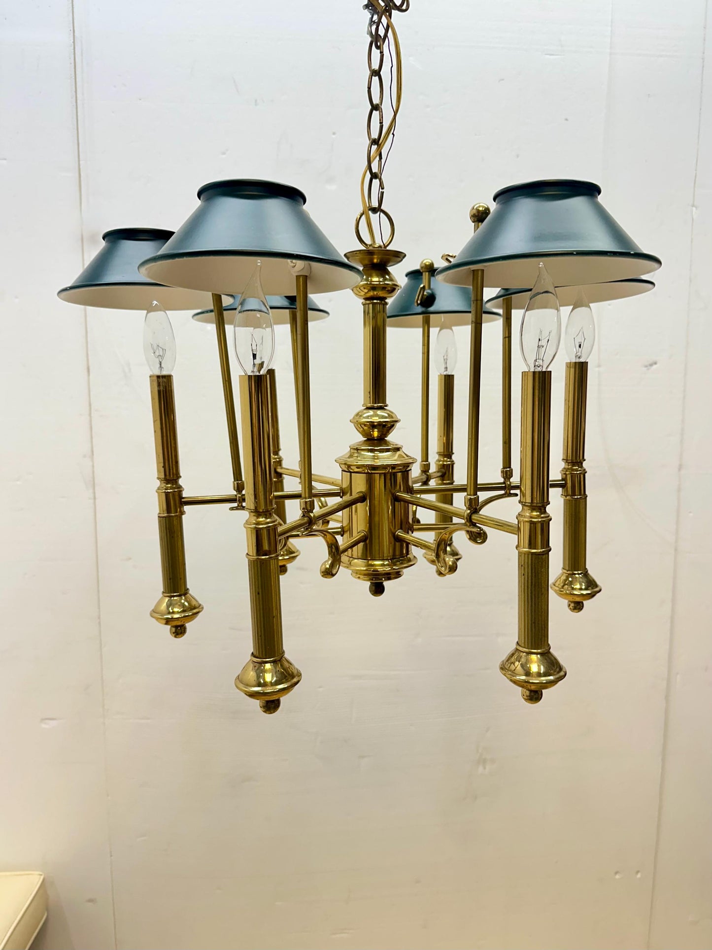 Vintage Lightolier 6 Arm Brass Chandelier with Green Shades from OffCenterModern