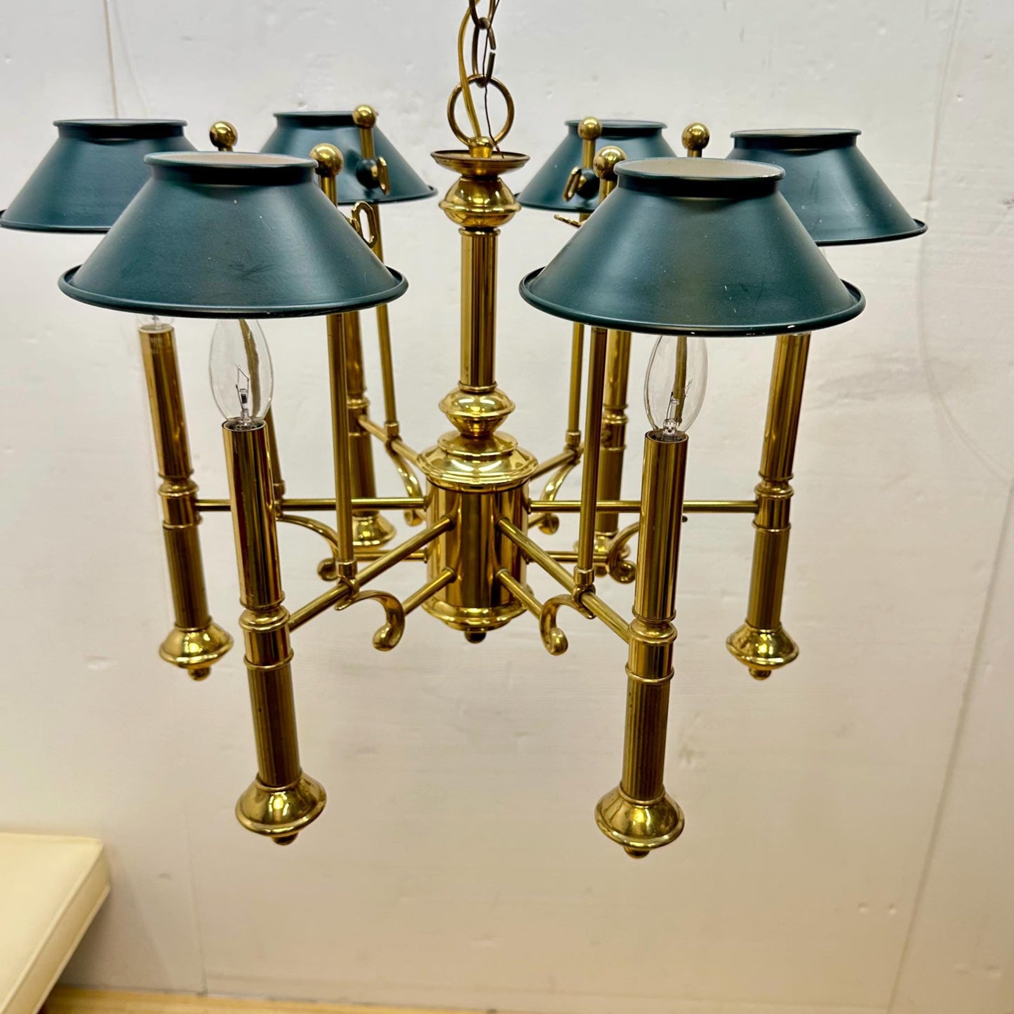 Vintage Lightolier 6 Arm Brass Chandelier with Green Shades from OffCenterModern