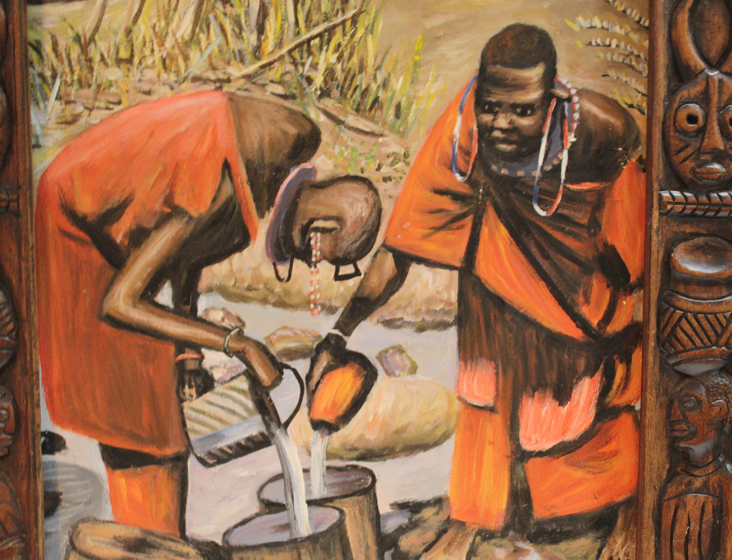 African Tribal Painitng with Caved Wood Frame
