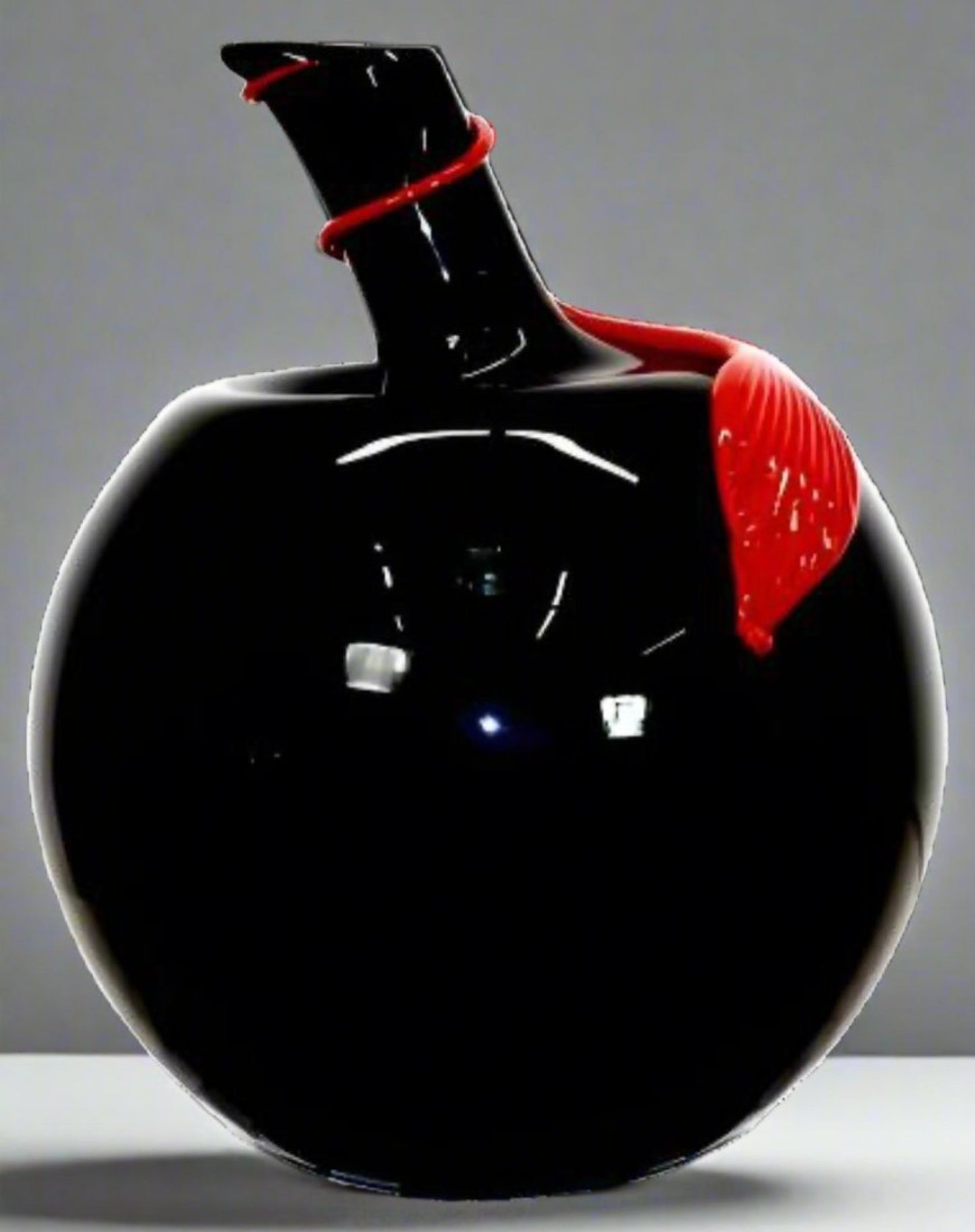 Large Blown Glass Black Apple w/ Red Leaf