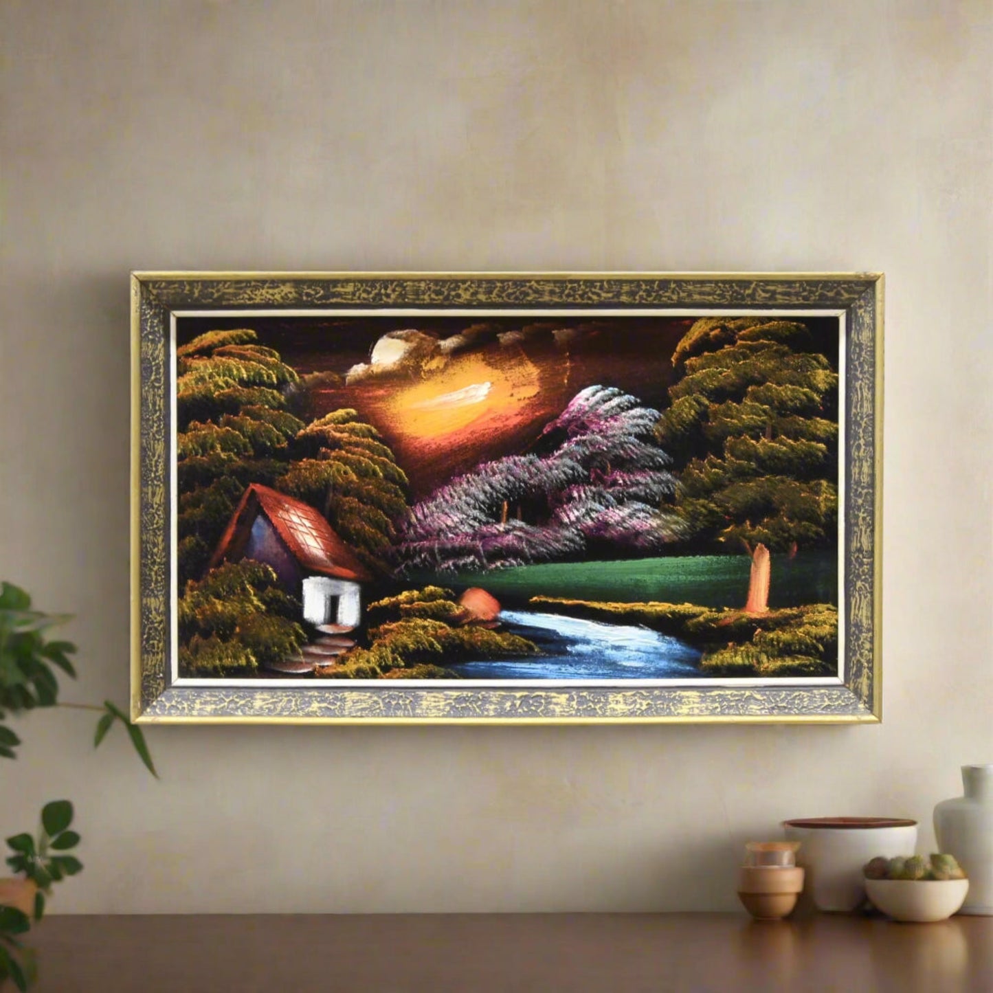 Vintage 1960s Black Vetvet Landscape