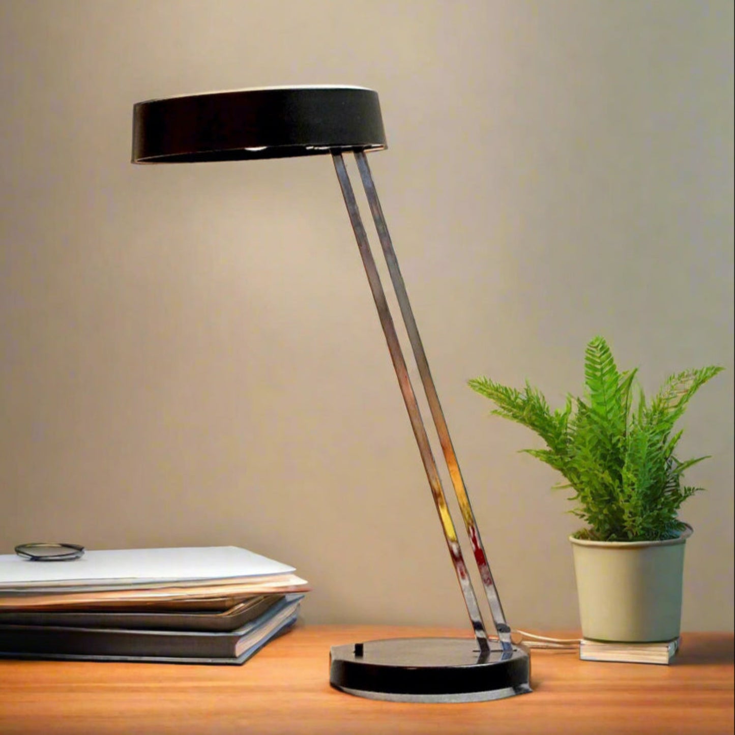 1970s Black & Chrome Round Desk Lamp | Litghtolier