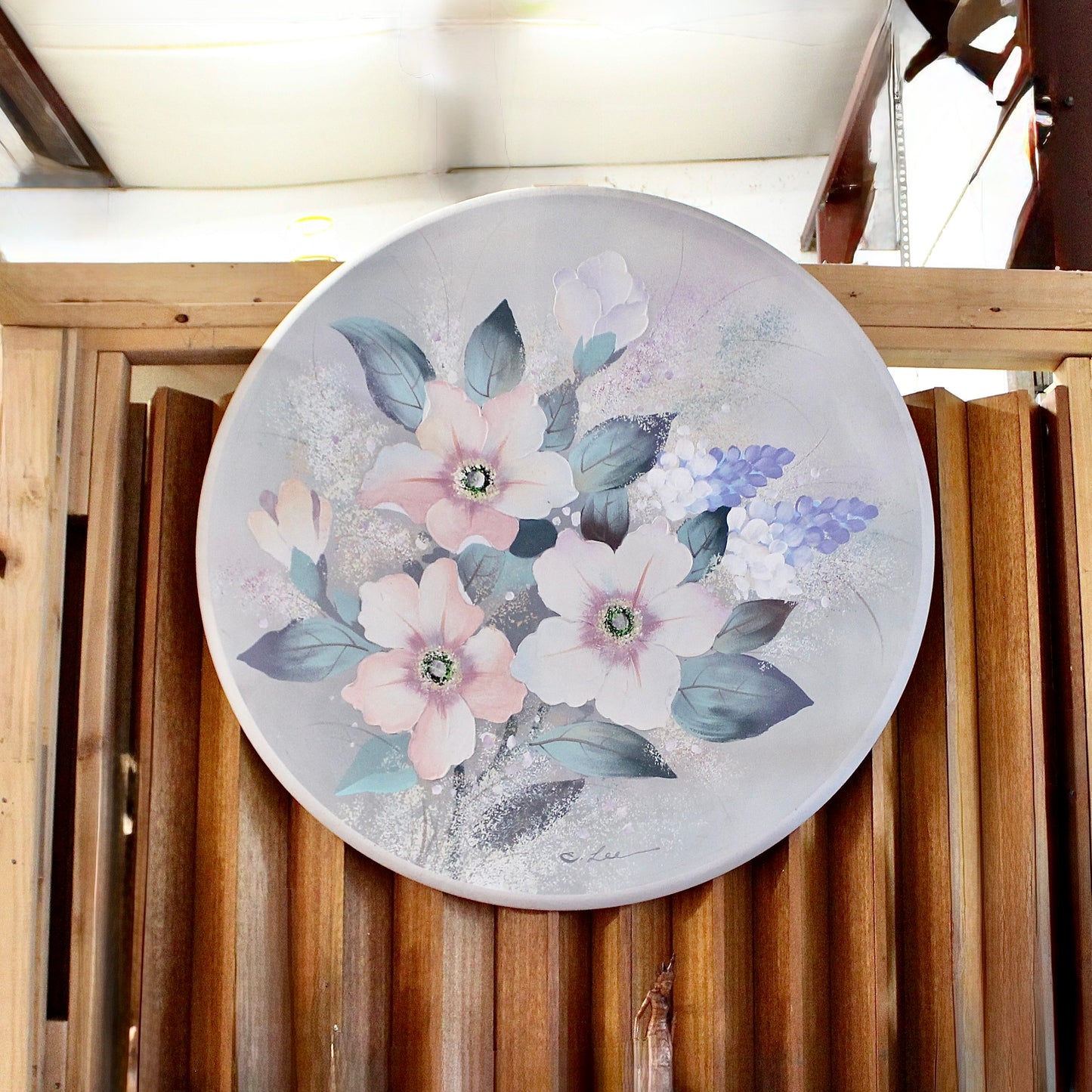 Vintage Round Painting of Flowers Oil on Canvas | C. Lee