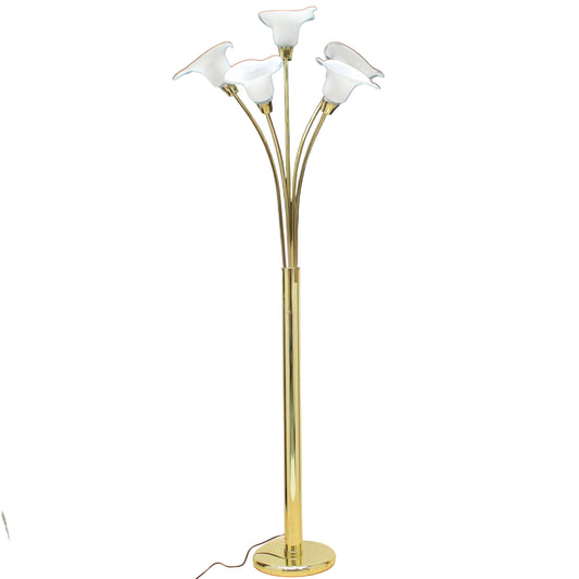 Vintage Brass Floor Lamp w/ Glass Calla Lily Shades