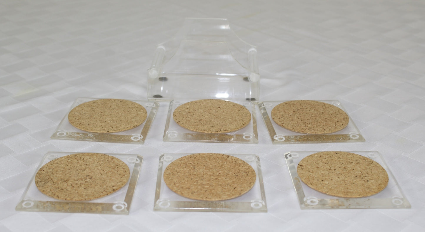 Set of 6 Clear Lucite and Cork Coasters