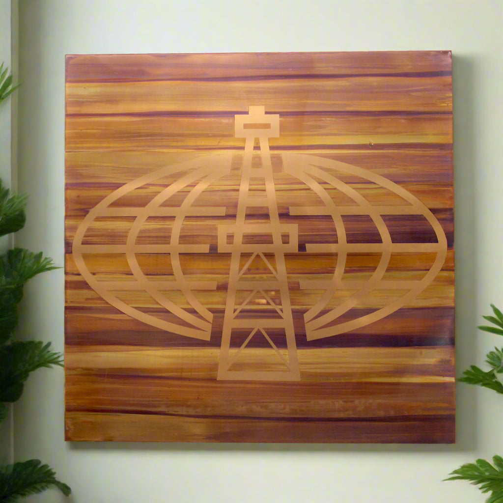 Vintage Copper Global Oil Derrick Metal Print