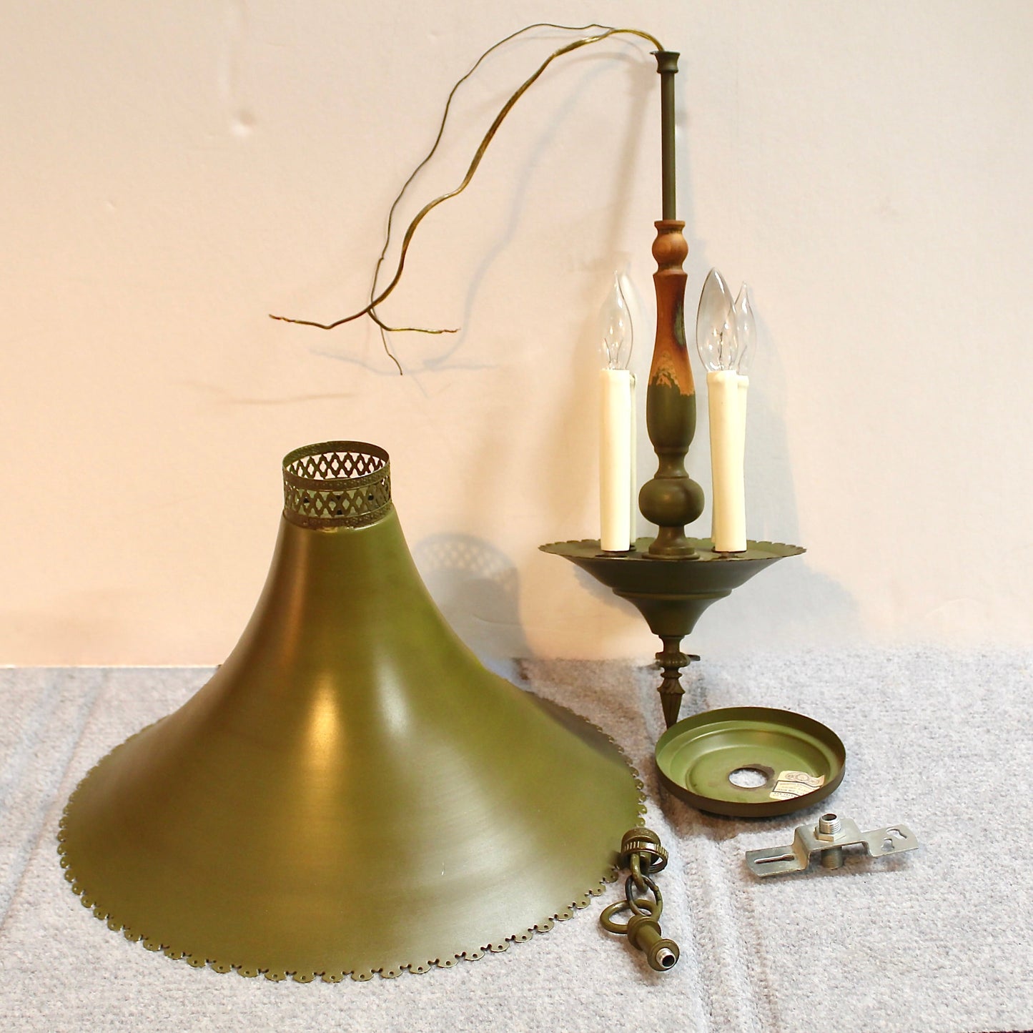 1950s Olive Green Lighting Fixture with Witch Hat Shade | The Feldman Co