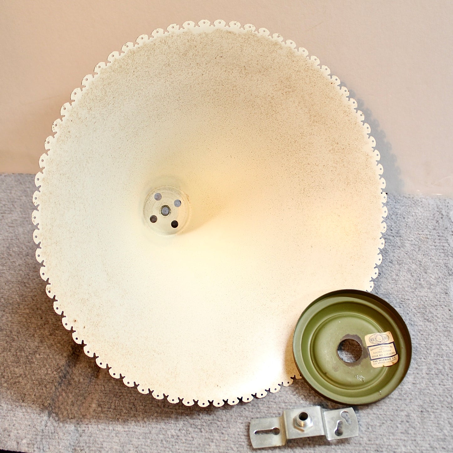 Good/Fair, paint on middle spindle shows it age, white covers on light stems have cracks, vintage used condition, hardwired, ceiling fixture, fully functional. 