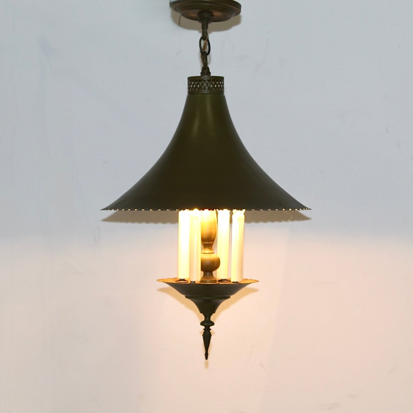 1950s Olive Green Lighting Fixture with Witch Hat Shade | The Feldman Co