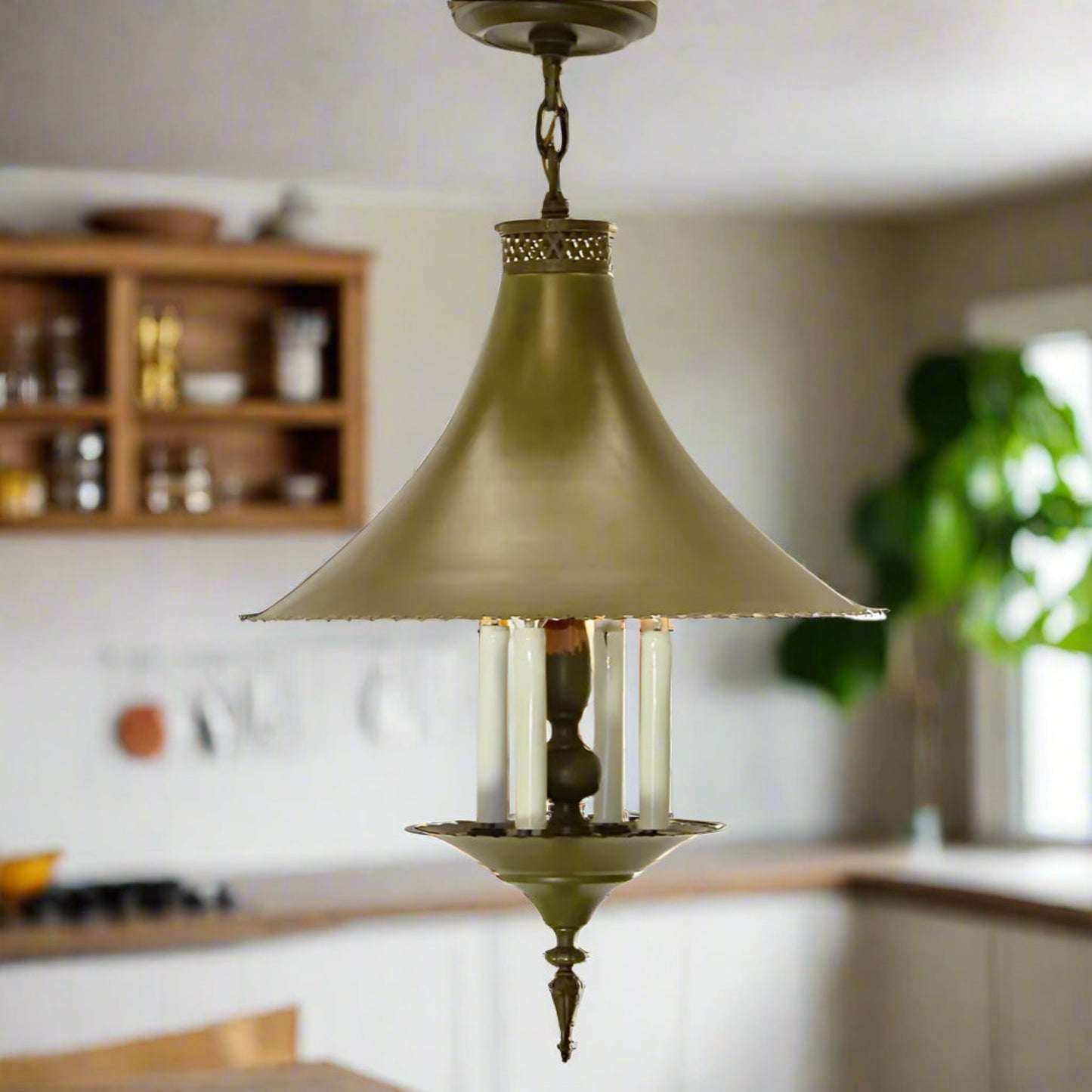 1950s Olive Green Lighting Fixture with Witch Hat Shade | The Feldman Co
