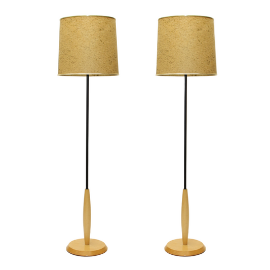 Pair Floor Lamps | 1990s Ash Wood & Smokey Glass Globes