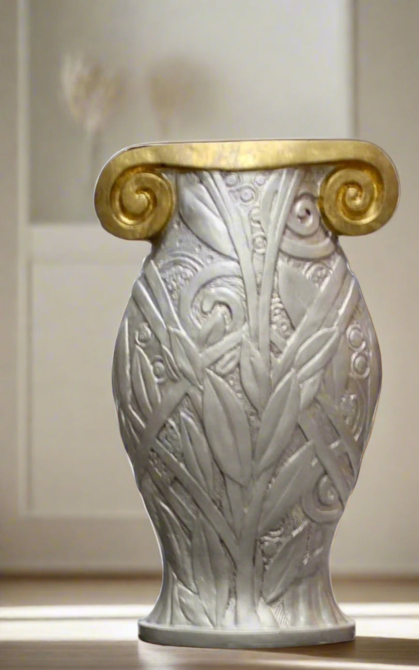 Large Decorative Silver Painted Floor Vase with Gold Scroll Floor