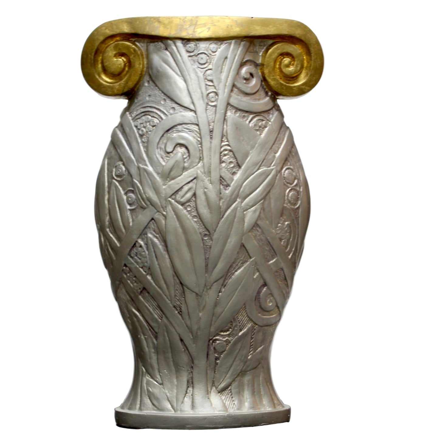Large Decorative Silver Painted Floor Vase with Gold Scroll Floor