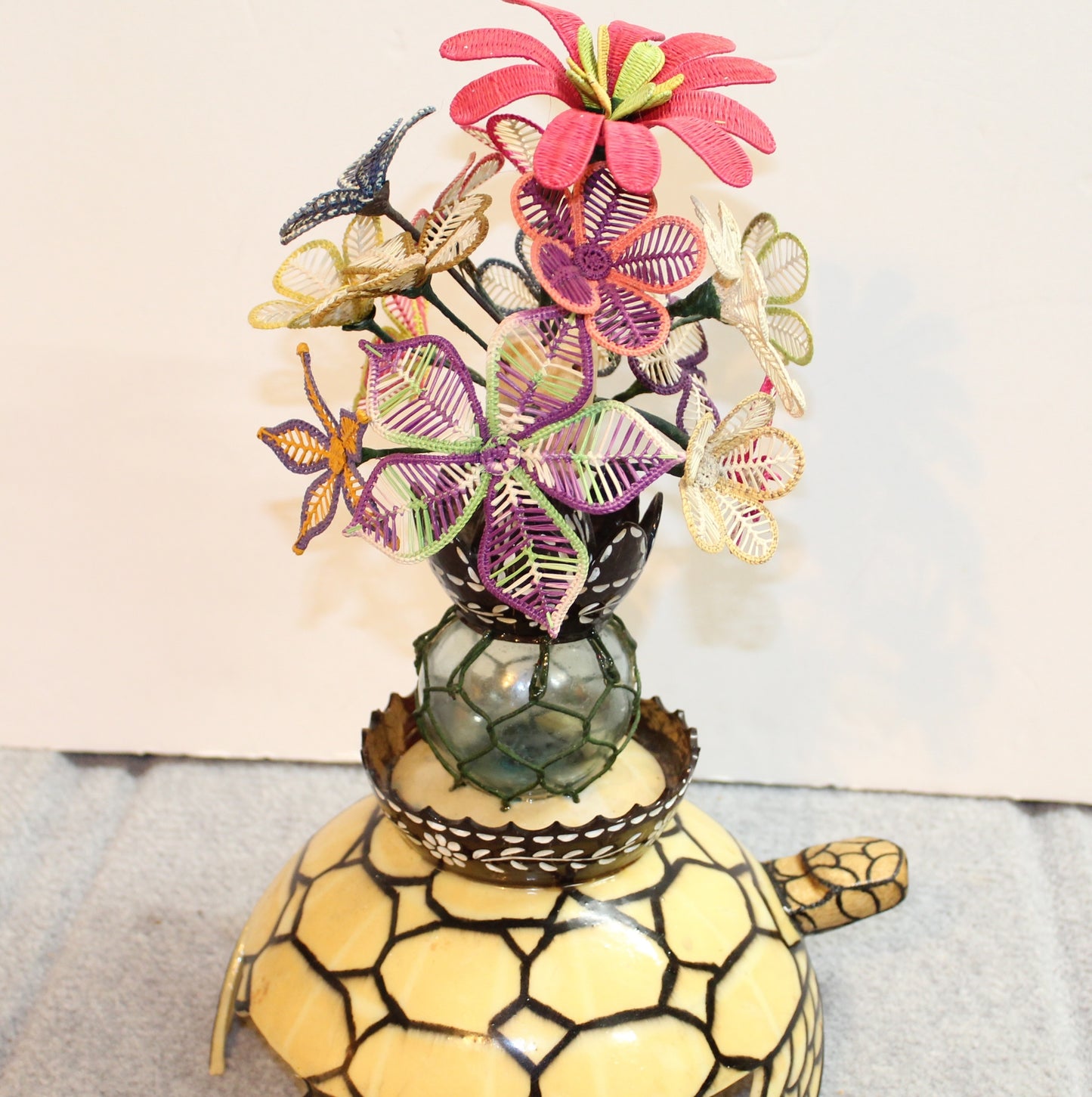 Vintage Wotje Atoll Sculpture | Turtle Carrying Wojte Flowers in Vase