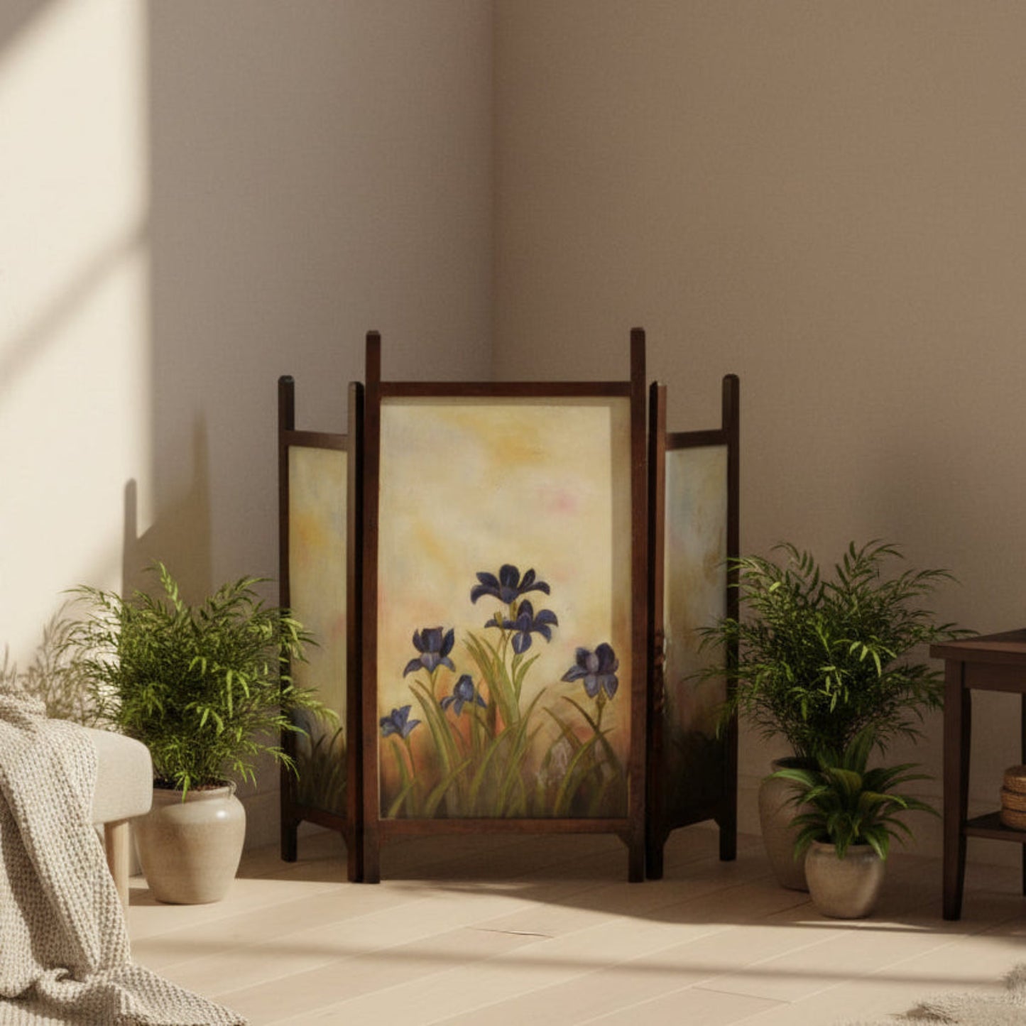 Vintage 3 Panel Hand Painted Wooden Tabletop Divider Screen