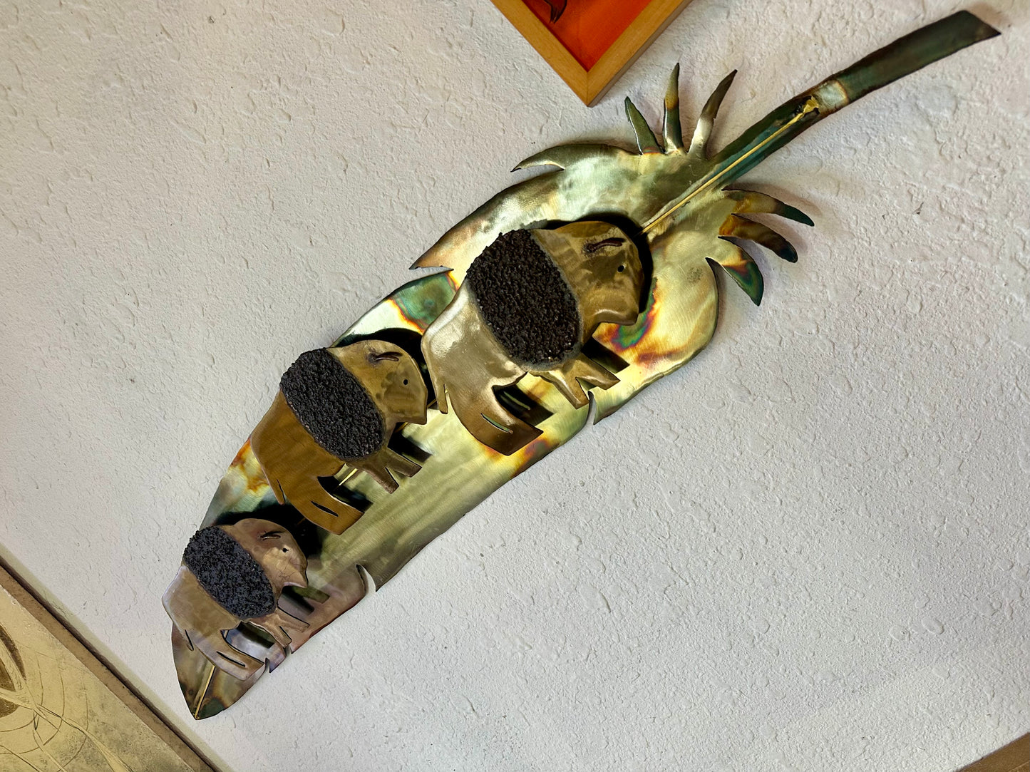 Brass Feather Wall Sculpture with American Bison Buffalo