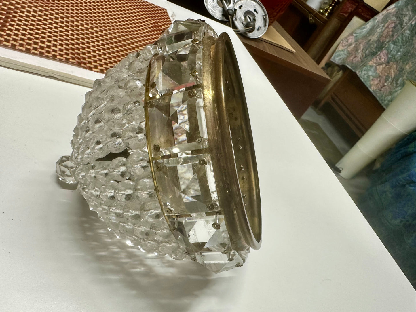 Antique Crystal Glass Beaded Basket Shade