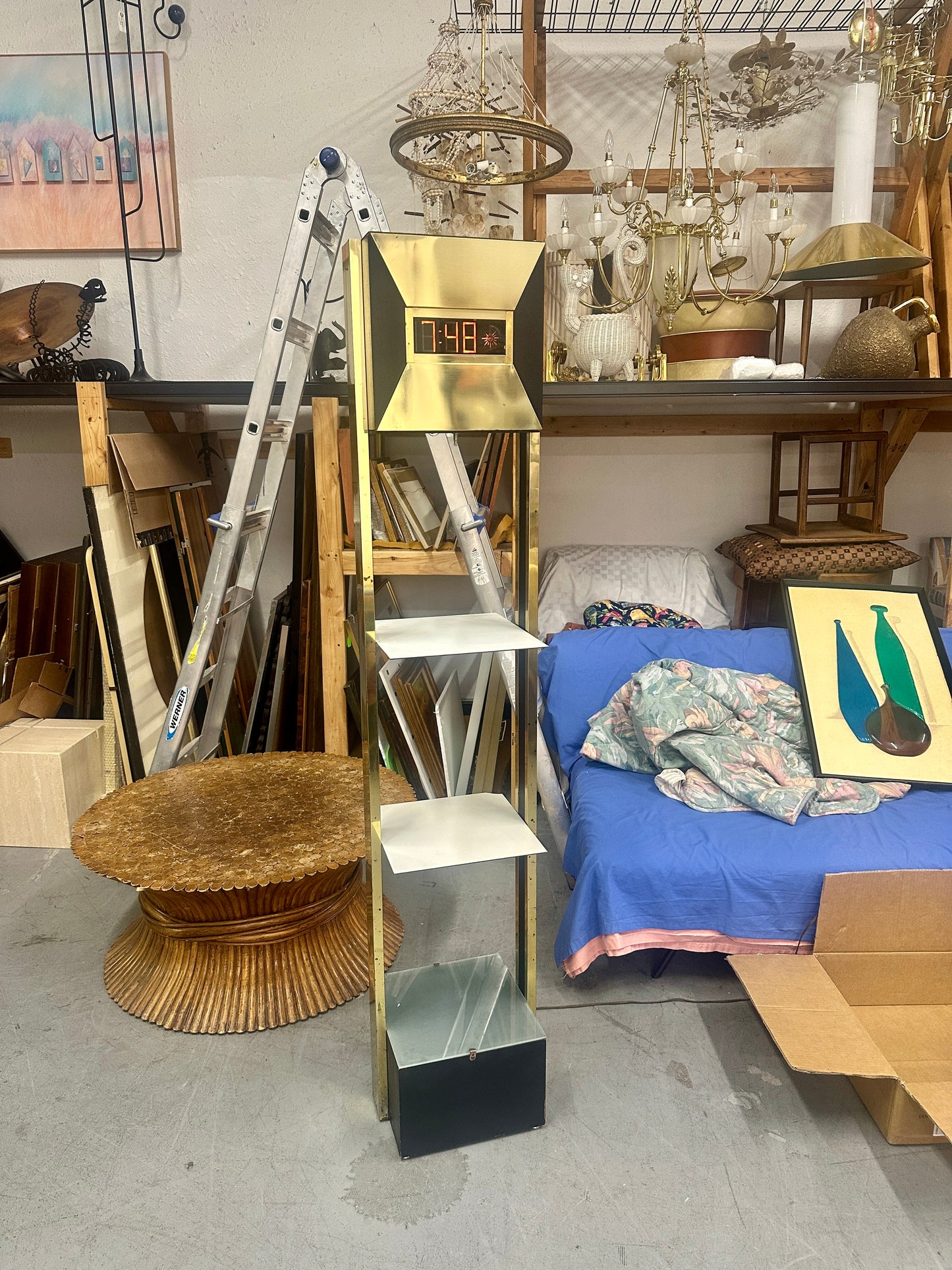 Vintage Postmodern Brass Tower Floor Clock with Shelves | 1970s Digital LED Grandfather Clock
