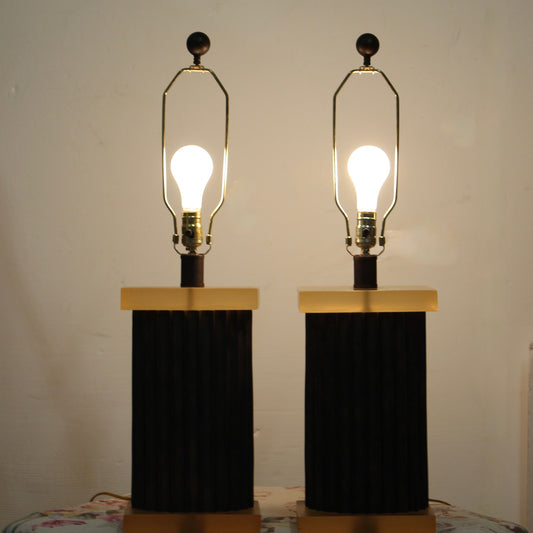 Pair of Pilar Table Lamps - Fluted Column Design - Translucent Amber Resin & 3-Way Switch