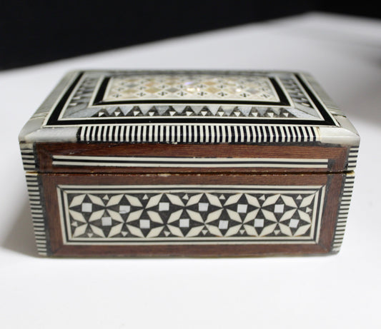 Jewelry Box – Vintage Mosaic Marquetry Trinket Box with Maroon Velvet Interior
