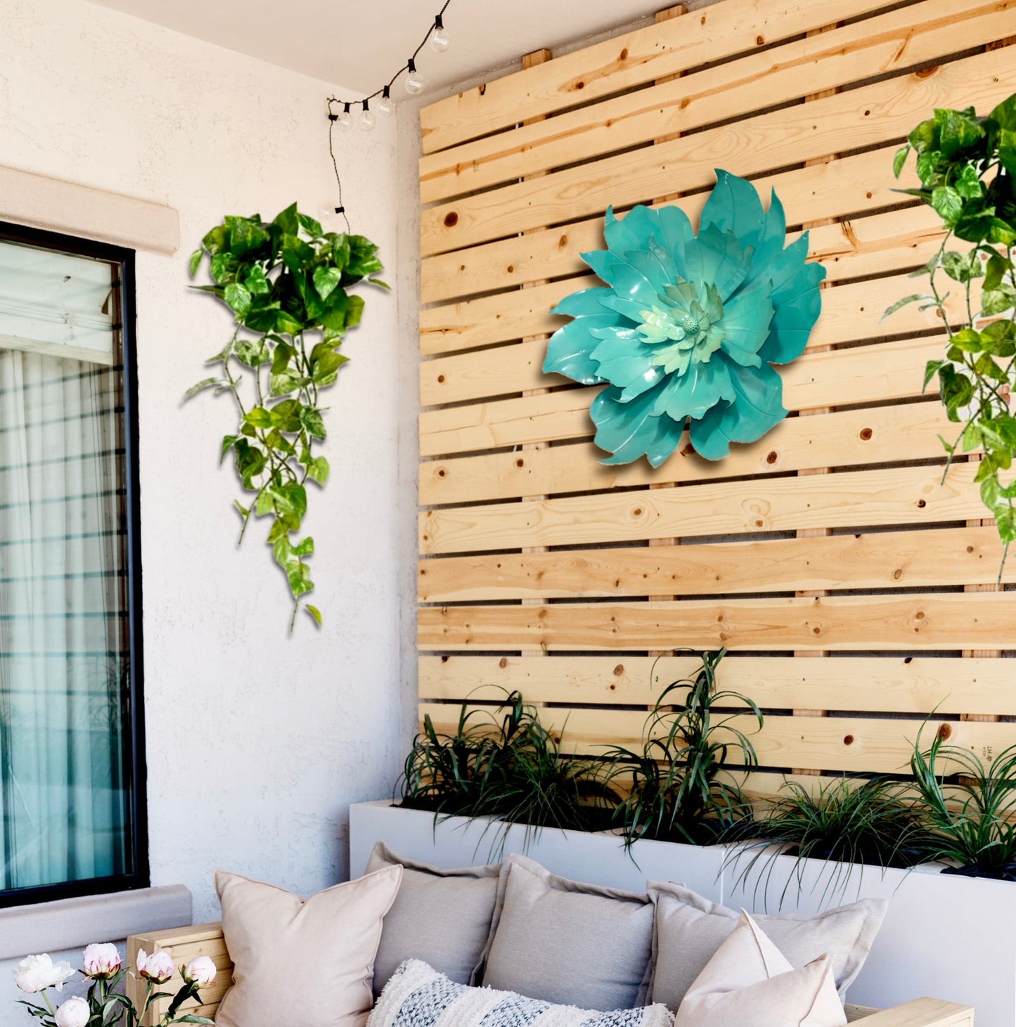 Teal-colored MEtal Flower Wall Art