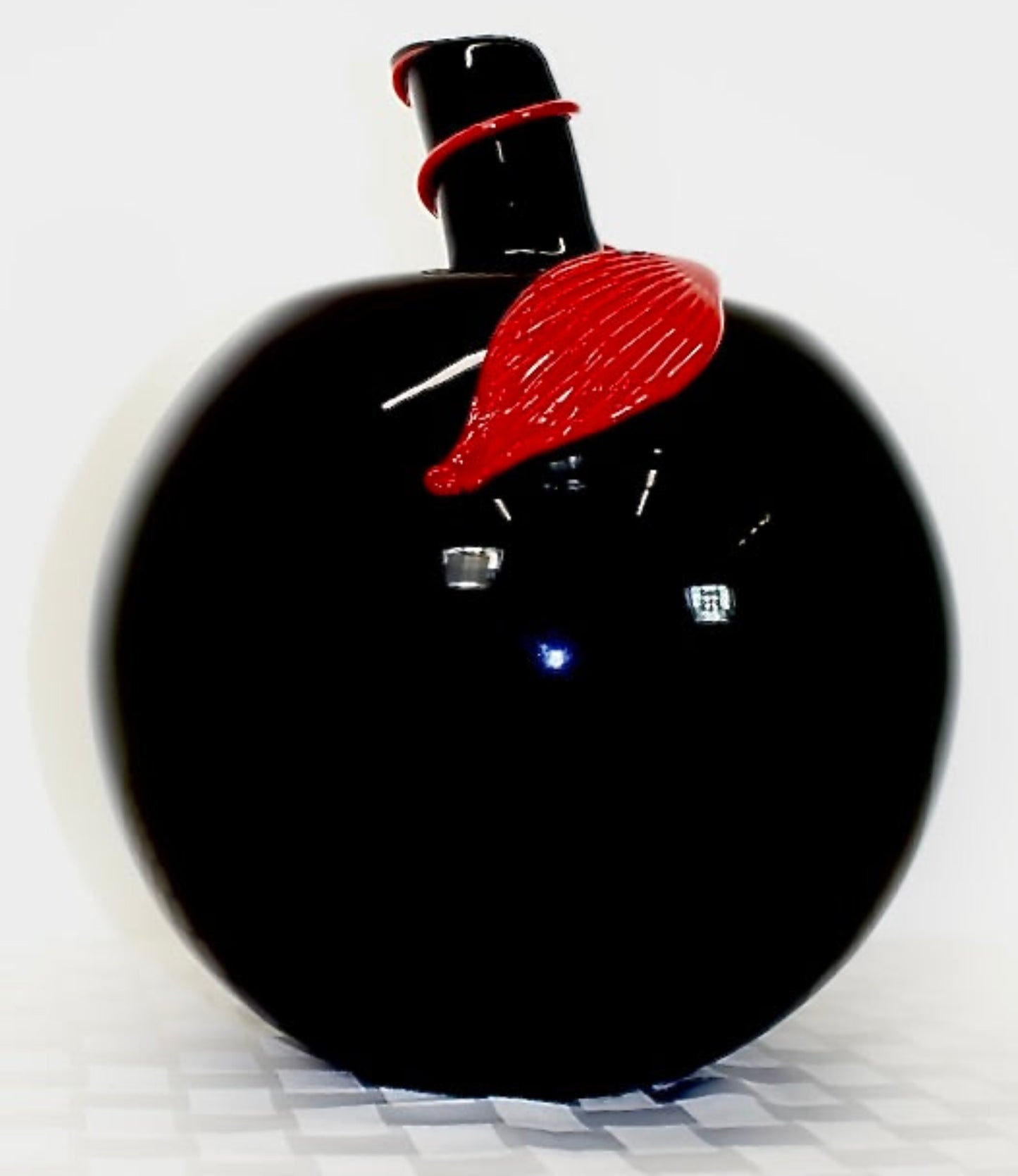Large Blown Glass Black Apple w/ Red Leaf