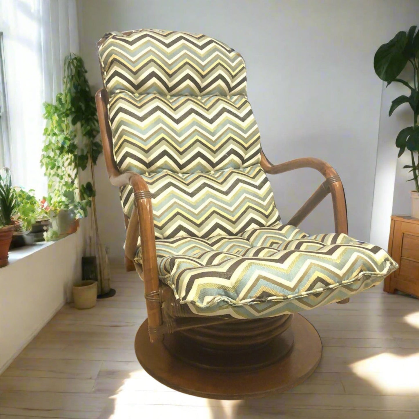 Restored Rattan Swivel Lounge Chair | Chevron Fabric OffCenterModern