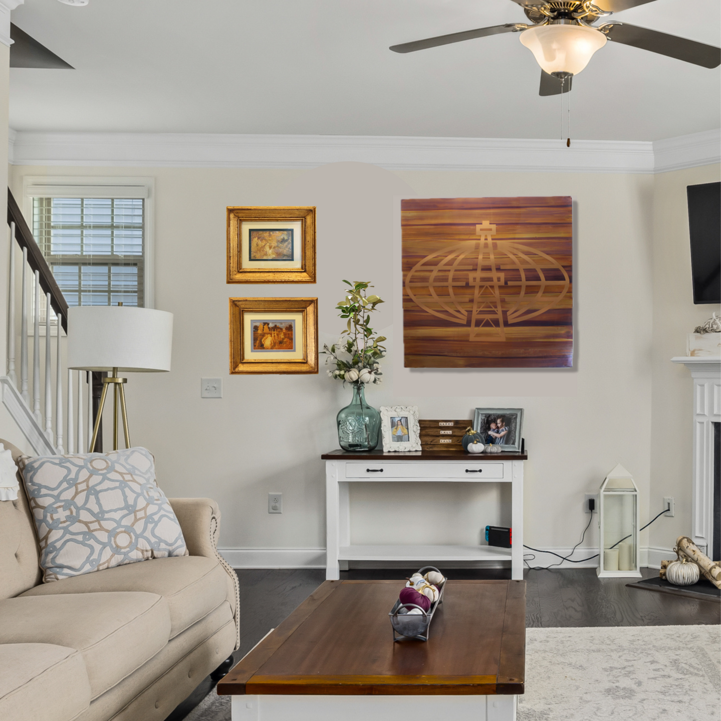 Vintage Copper Global Oil Derrick Metal Print