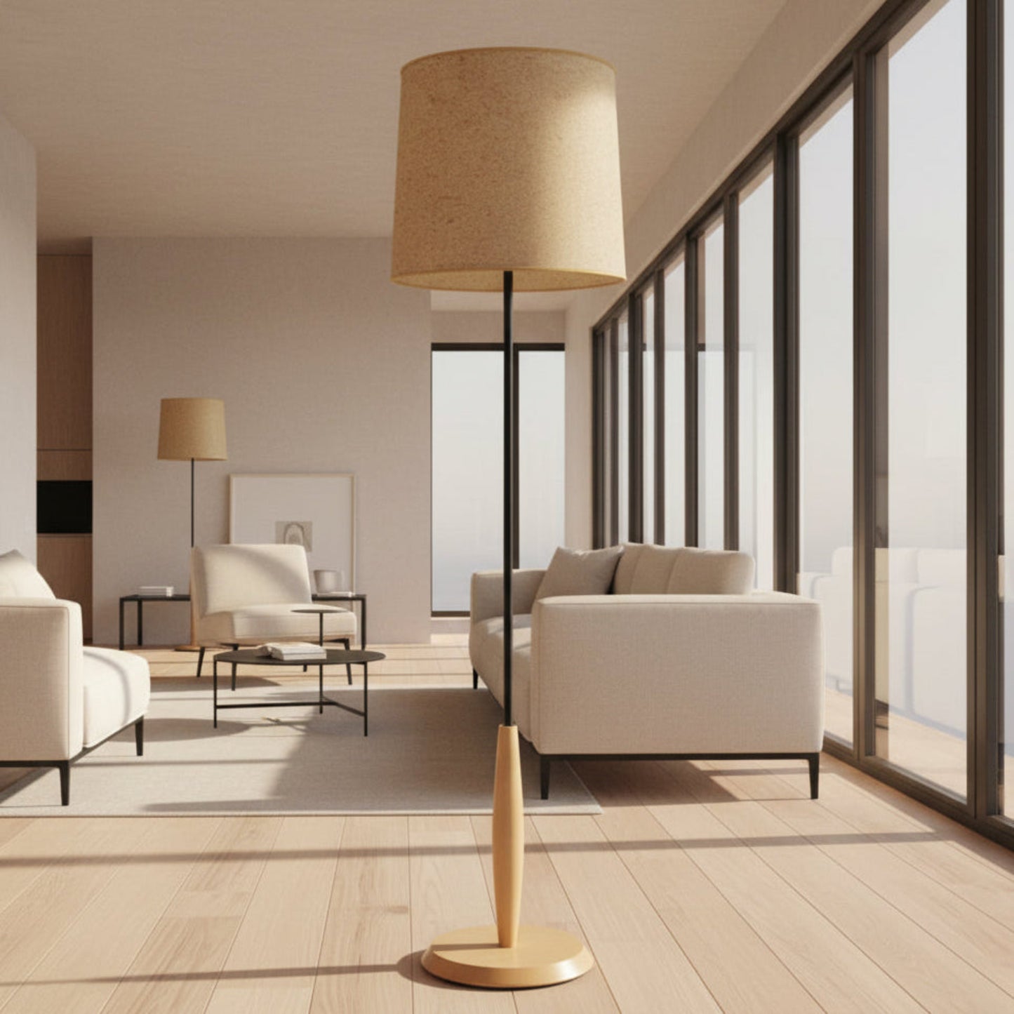 Pair Floor Lamps | 1990s Ash Wood & Smokey Glass Globes