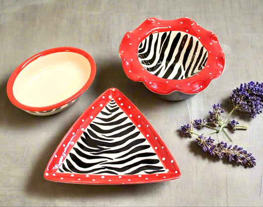 3-Pc Cali USA 1960s Studio Pottery Zebra Trinket Bowls
