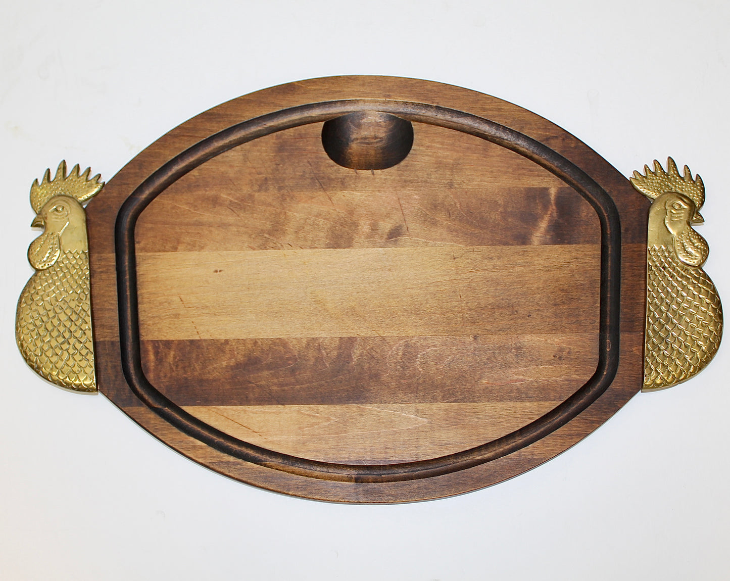 Large Vintage Wooden Cutting Board Serving Tray with Brass Roosters