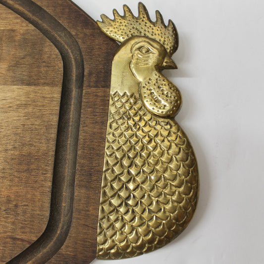 Vinage Brass Rooster Handles Wood Cutting Board/ Serving Tray