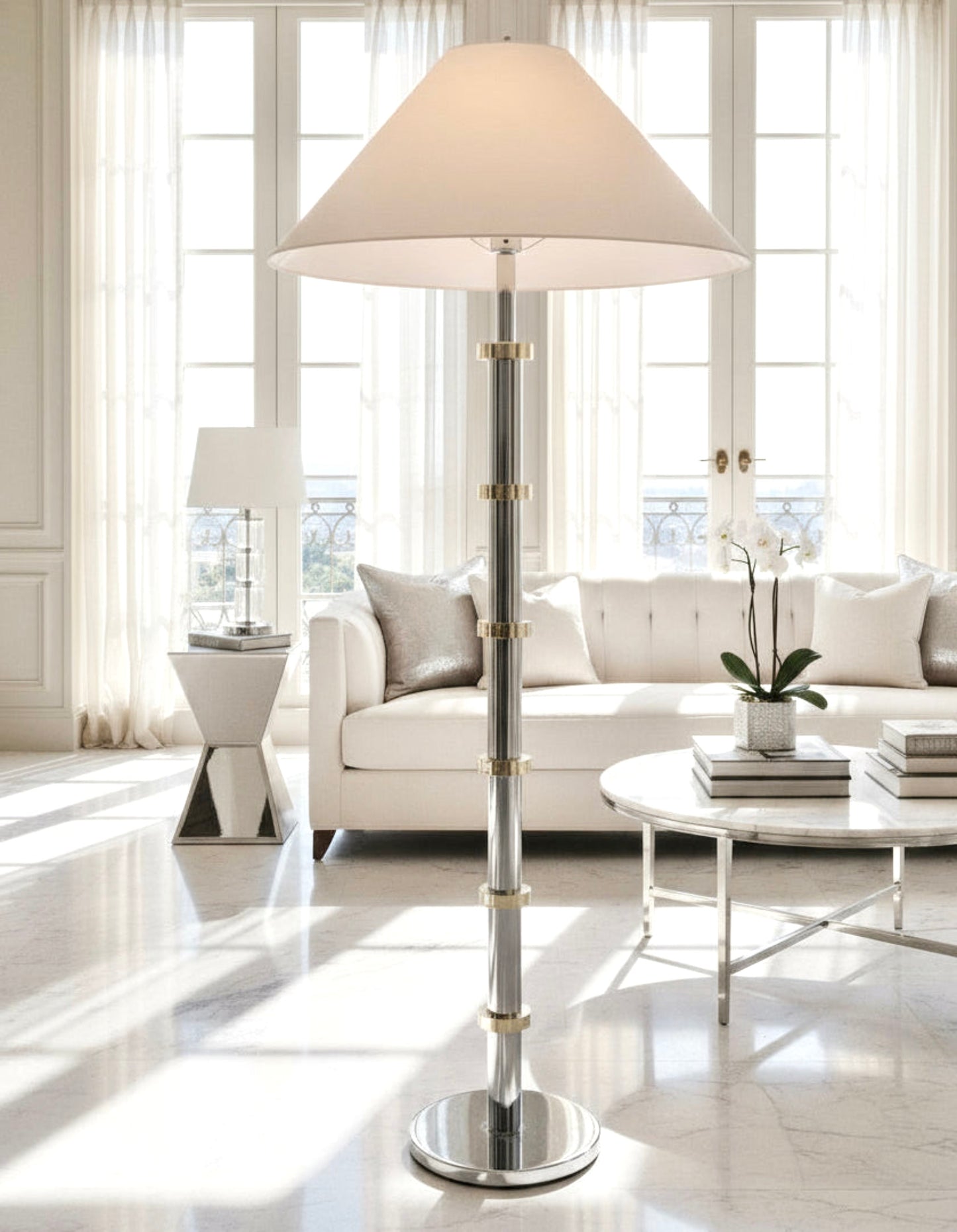 Vintage Chrome Floor Lamp with Brass Rings