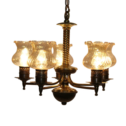 Vintage Brass 5-Light Chandelier with Ruffled Amber Glass Shades