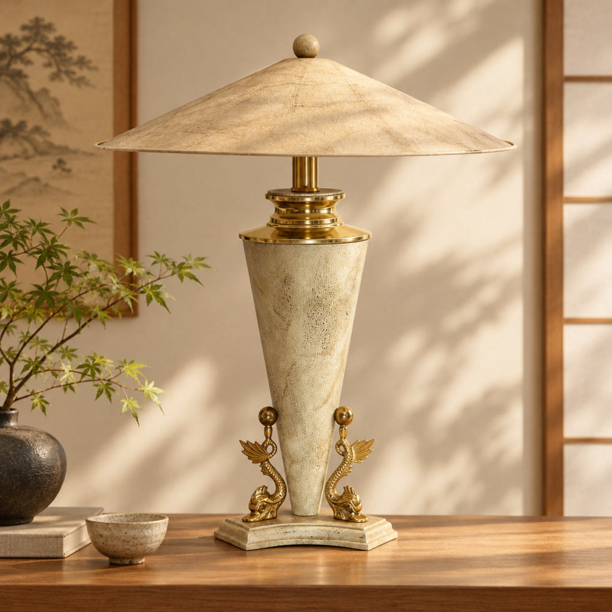 Vintage Polished Travertine Table Lamp by Bauer Lamp Co