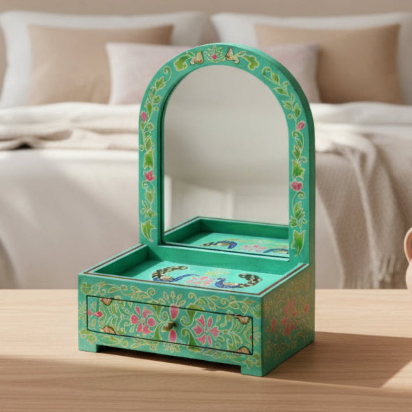Hand-Painted Peacock Motif Jewely Box w/ Mirror