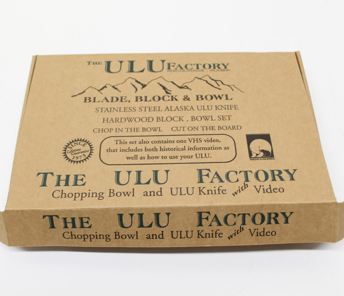 The ULU Factory box labelling contents to include blade, block and bowl Made in Alaska
