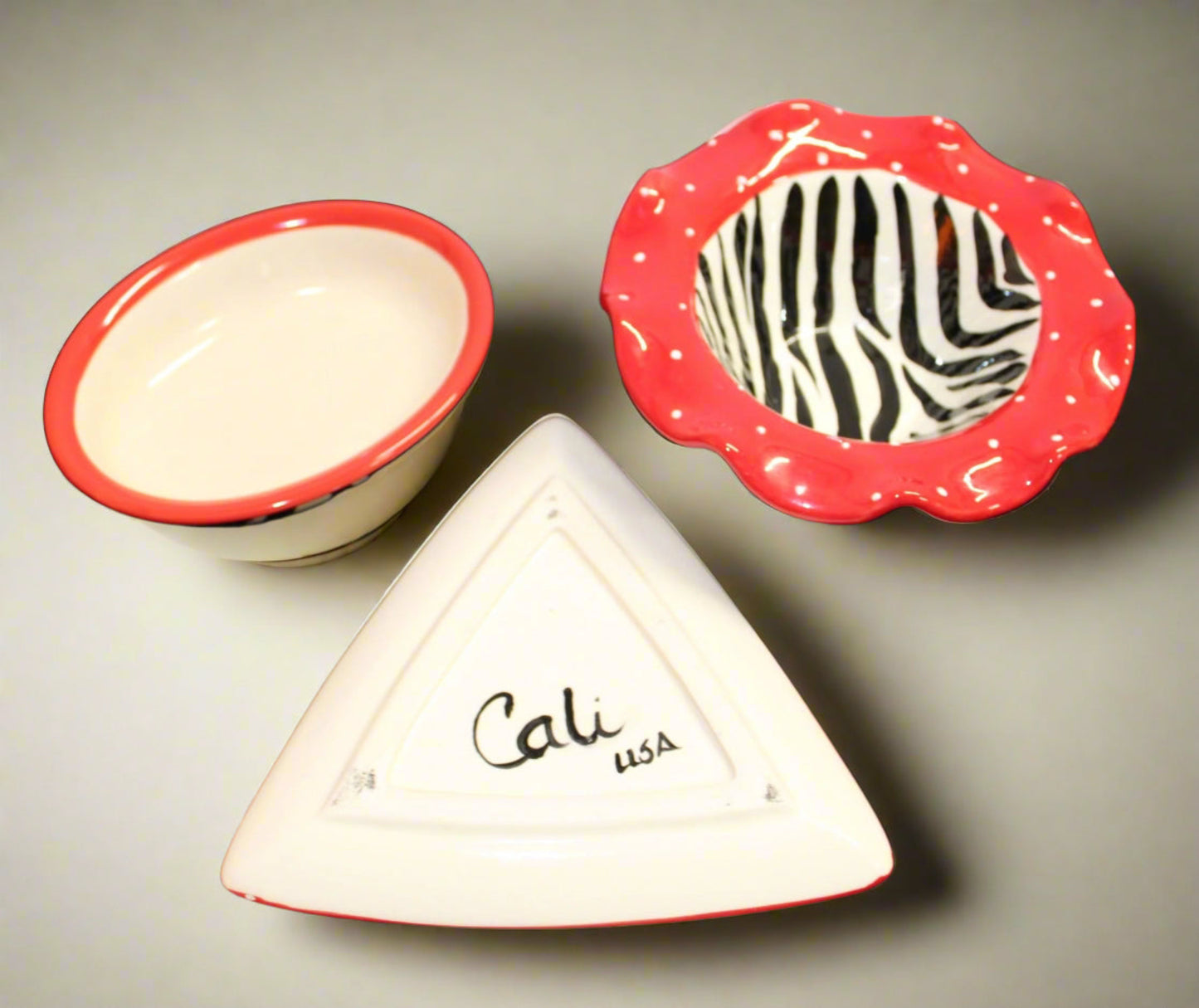 3-Pc Cali USA 1960s Studio Pottery Zebra Trinket Bowls