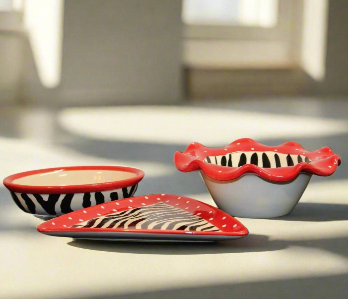 3-Pc Cali USA 1960s Studio Pottery Zebra Trinket Bowls