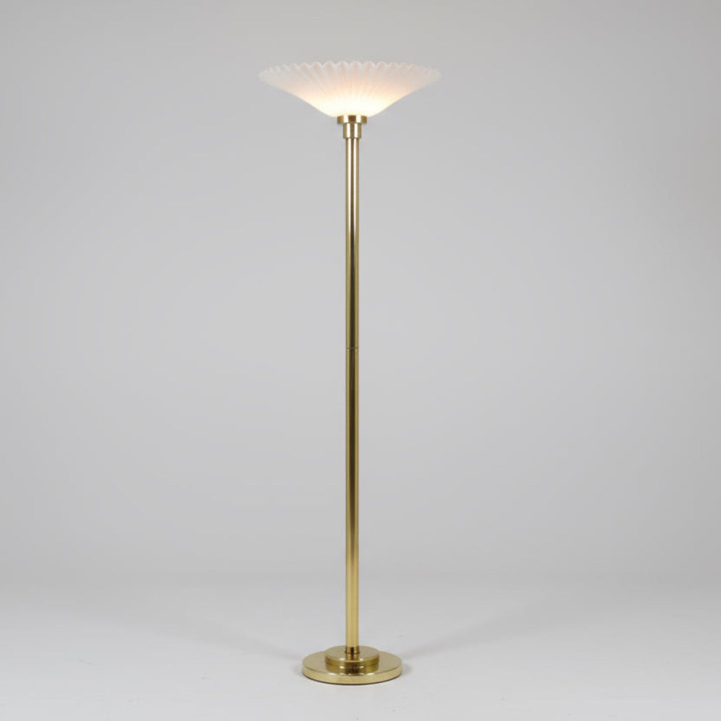 Vintage Brass Torchiere Floor Lamp with Fluted Plastic Shade