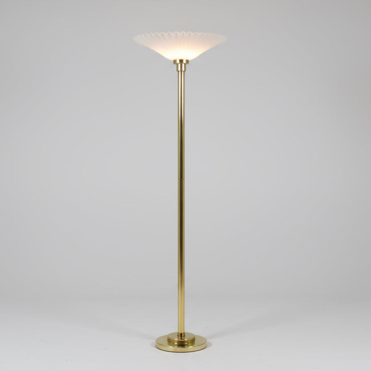 Vintage Brass Torchiere Floor Lamp with Fluted Plastic Shade