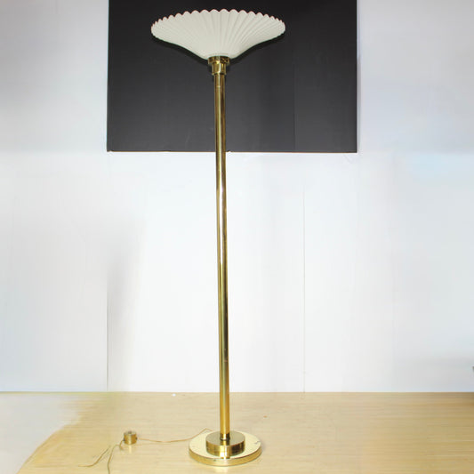 Vintage Brass Torchiere Floor Lamp with Fluted Plastic Shade