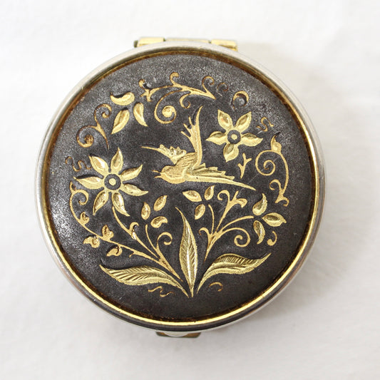 Vintage Spanish Damascene Pill Box – Hand-Inlaid Gold Bird & Floral Design.