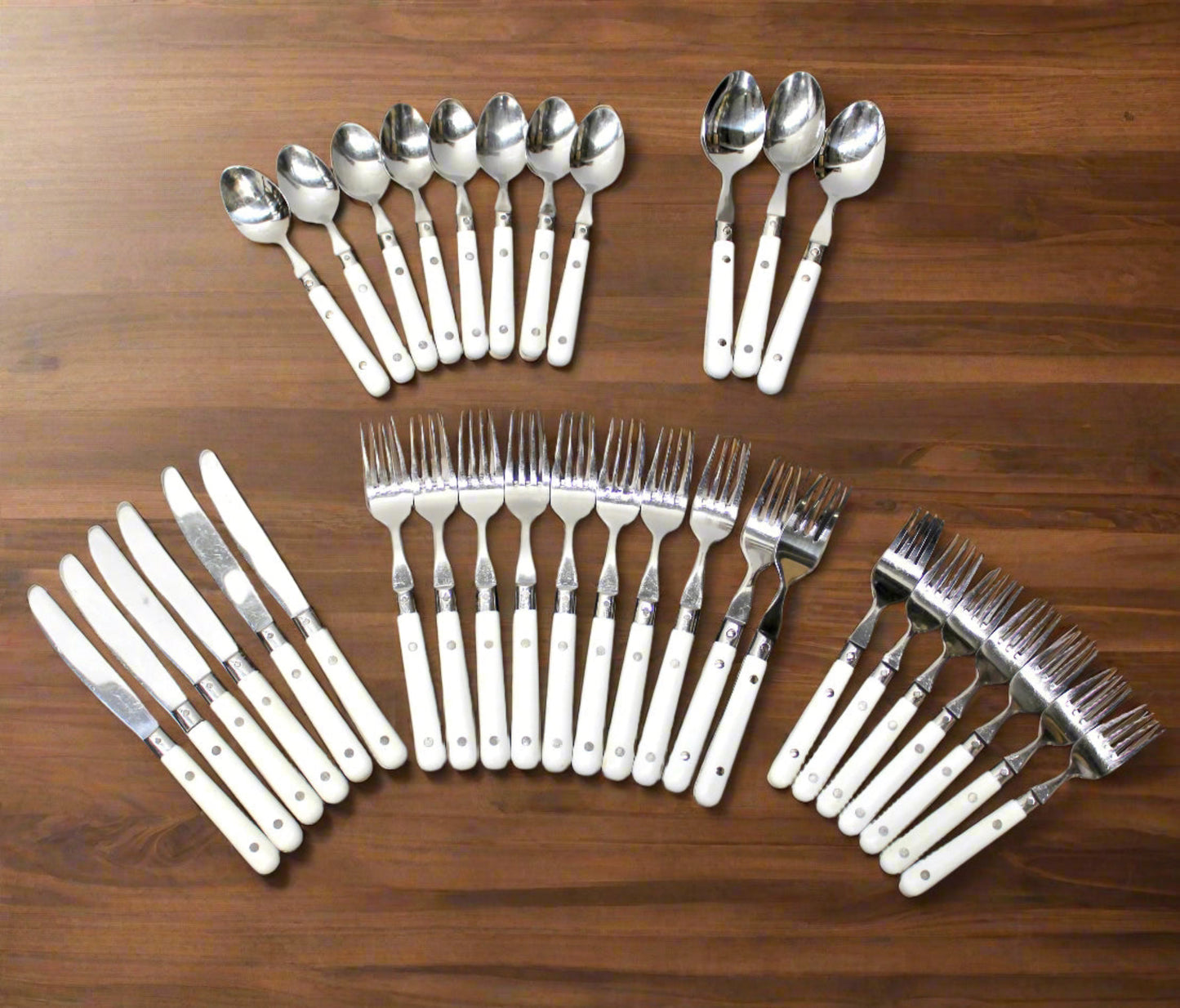 34 pc. Vintage White Riveted Handle Flatware