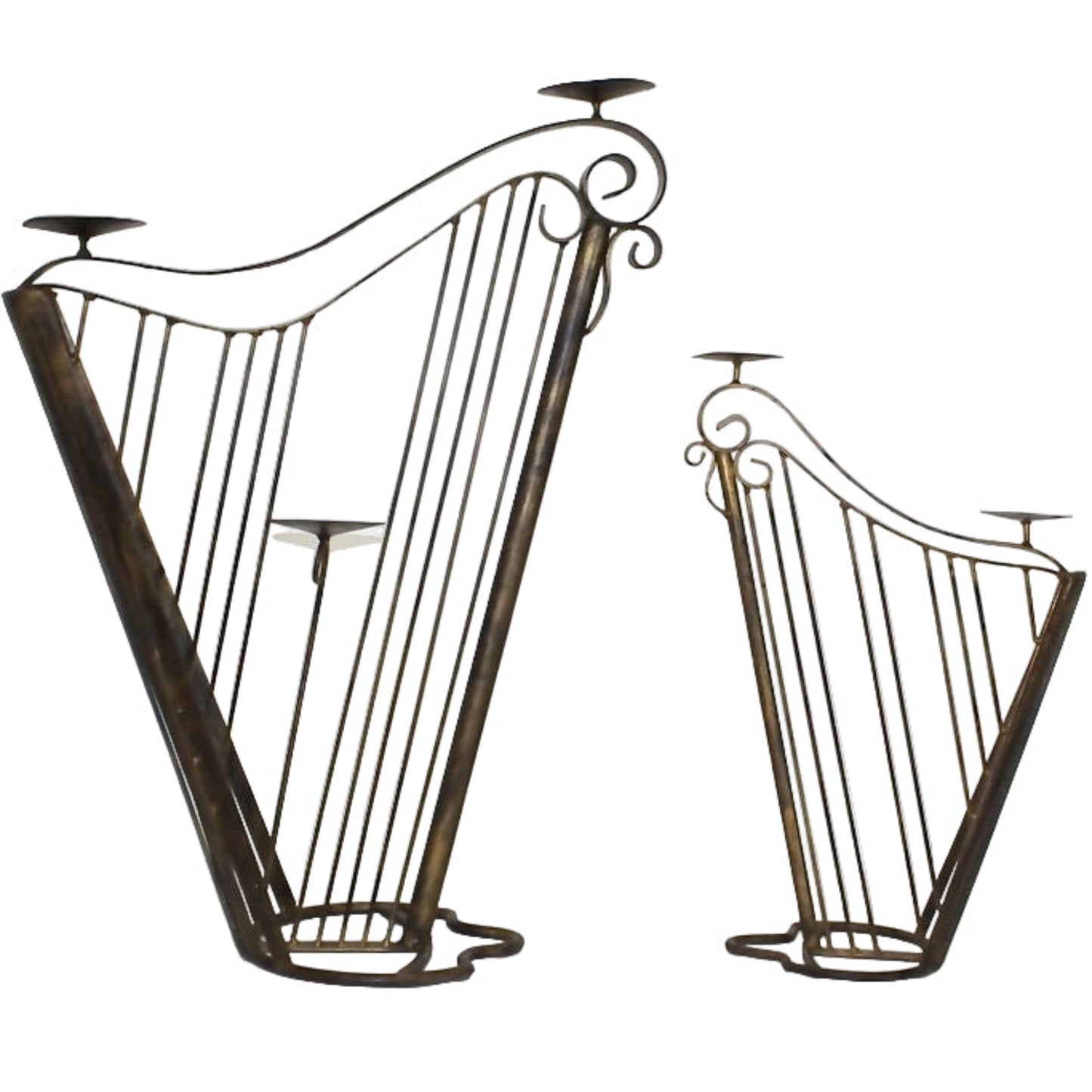 Pair 1950s Wrought Iron Harp Candle Holder Stands - OffCenterModern