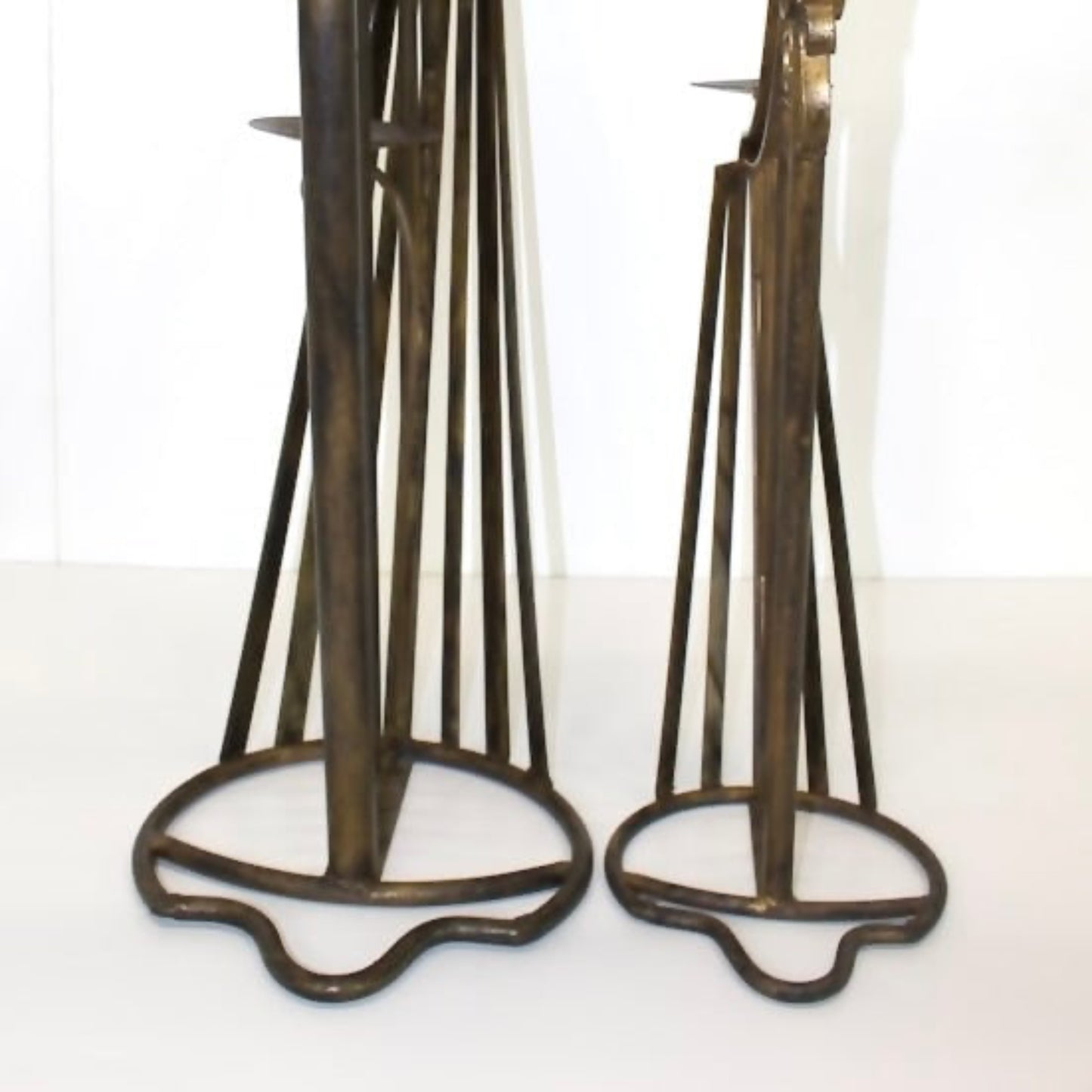 Pair 1950s Wrought Iron Harp Candle Holder Stands - OffCenterModern