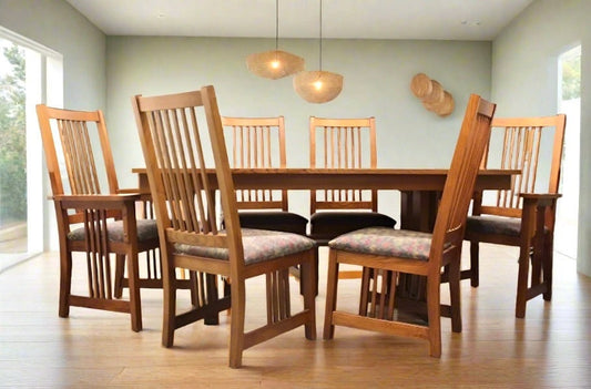 Vintage Bassett Furniture Oak Dining Set | Trestle Table 6 Chairs | Mission Style - OffCenterModern
